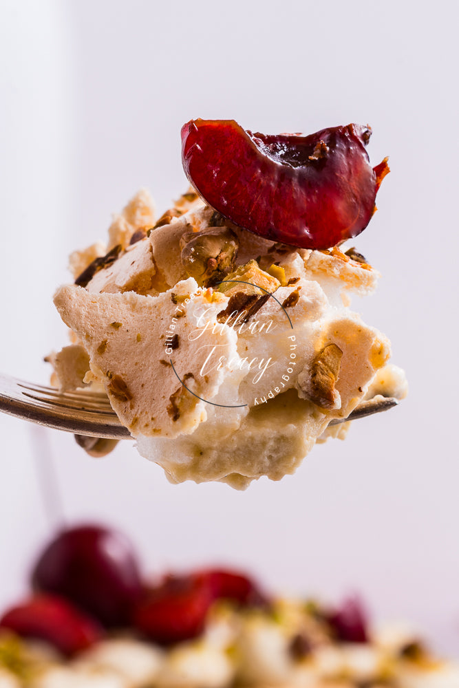 Cherry and Pistachio Meringue Roulade