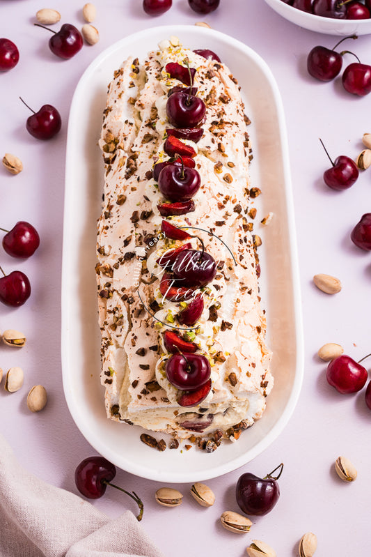 Cherry and Pistachio Meringue Roulade