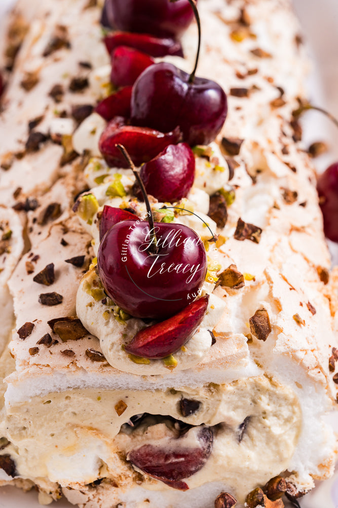 Cherry and Pistachio Meringue Roulade